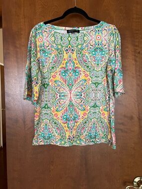 Jones New York Multicolor Paisley Boatneck Short Sleeve Top